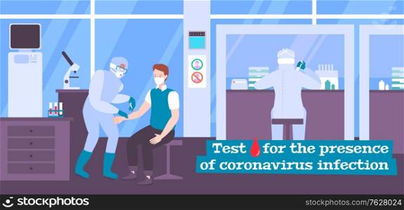 Coronavirus infection testing flat background with patient giving blood for analysis and virologist working in lab vector illustration