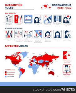 Coronavirus infographics with flat world map of affected areas and pictograms for quarantine rules with text vector illustration. Quarantine Rules Flat Infographics