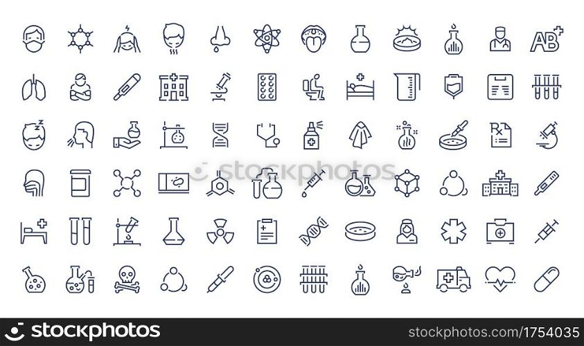 Coronavirus line icons. Abstract contour signs of virus symptoms, diseases treatment and medical laboratory research. Covid-19 diagnostics or health care. Vector isolated minimal outline symbols set. Coronavirus line icons. Contour signs of virus symptoms, diseases treatment and medical laboratory research. Covid-19 diagnostics or health care. Vector minimal outline symbols set
