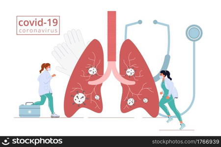 Coronavirus lungs attack. Doctor in mask emergency rescue help. Medicine pulmonary system illness severe sars disease. Viral respiratory infection pneumonia determination treatment. Medicine, pharmacy. Medicine disease illness coronavirus lungs attack