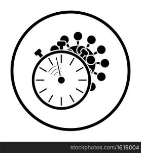 Coronavirus Molecule Under Stopwatch Icon. Thin Circle Stencil Design. Vector Illustration.