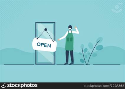 Coronavirus or COVID-19 social distancing impact on entrepreneur or small business shop to closed with problem of employment, sad man business shop owner with open sign because virus. Vector design.