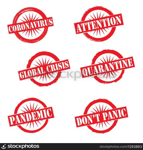 Coronavirus pandemic, attention, global crisis stamp. Set of stamps fro design template.