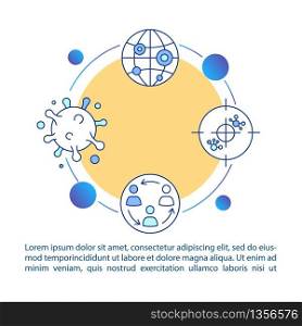Coronavirus pandemic concept icon with text. Viral infection outbreak. Disease spreading PPT page vector template. Brochure, magazine, booklet design element with linear illustrations