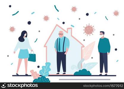 Coronavirus pandemic, old man stay home. Masked volunteers provide help and support. Vector illustration