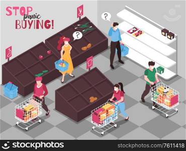 Coronavirus panic food buying behavior isometric compositions with customers grabbing last items from empty shelves vector illustration
