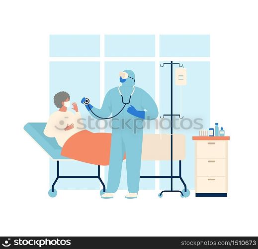 Coronavirus patient is in hospital. Novel coronavirus 2019 nCoV, people in in protective special clothingwhite and medical face mask. Concept of coronavirus quarantine vector illustration.. Coronavirus patient is in hospital. Novel coronavirus 2019 nCoV, people in in protective special clothingwhite and medical face mask. Concept of coronavirus quarantine vector illustration