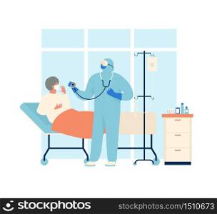 Coronavirus patient is in hospital. Novel coronavirus 2019 nCoV, people in in protective special clothingwhite and medical face mask. Concept of coronavirus quarantine vector illustration.. Coronavirus patient is in hospital. Novel coronavirus 2019 nCoV, people in in protective special clothingwhite and medical face mask. Concept of coronavirus quarantine vector illustration