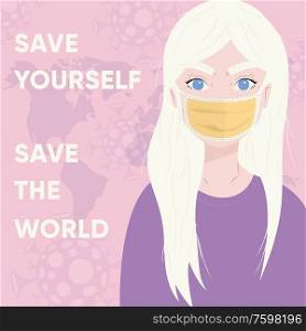 Coronavirus poster 2019-nCov with a young girl wearing a medical mask. Virus outbreak background. Flat vector illustration