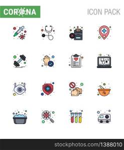 Coronavirus Precaution Tips icon for healthcare guidelines presentation 16 Flat Color Filled Line icon pack such as sports, gym, no, dumbbell, location viral coronavirus 2019-nov disease Vector Design Elements