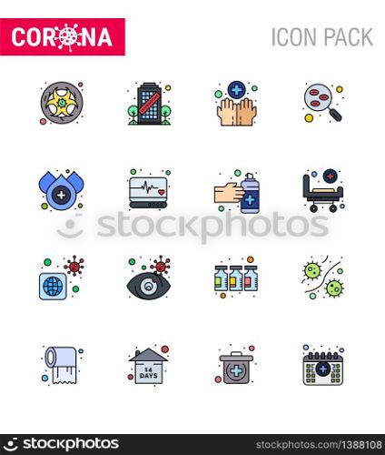 Coronavirus Precaution Tips icon for healthcare guidelines presentation 16 Flat Color Filled Line icon pack such as test, research, staying, lab, washing viral coronavirus 2019-nov disease Vector Design Elements