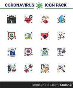 Coronavirus Precaution Tips icon for healthcare guidelines presentation 16 Flat Color Filled Line icon pack such as protection, fever, virus, blood virus, hands viral coronavirus 2019-nov disease Vector Design Elements