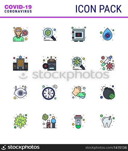 Coronavirus Precaution Tips icon for healthcare guidelines presentation 16 Flat Color Filled Line icon pack such as medical, blood, security, securitybox, protection viral coronavirus 2019-nov disease Vector Design Elements