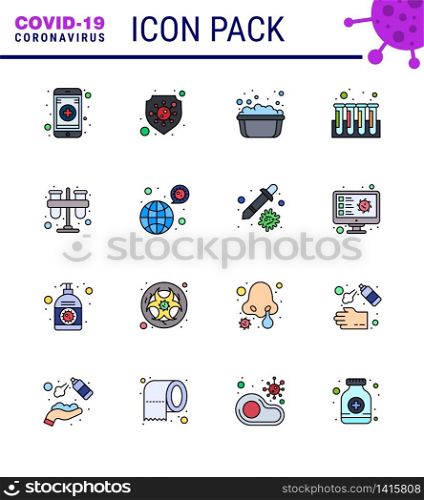 Coronavirus Precaution Tips icon for healthcare guidelines presentation 16 Flat Color Filled Line icon pack such as lab, test, hand washing, tubes, experiment viral coronavirus 2019-nov disease Vector Design Elements