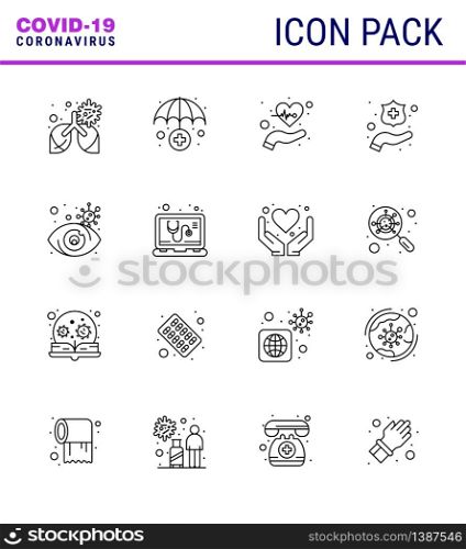 Coronavirus Precaution Tips icon for healthcare guidelines presentation 16 Line icon pack such as view, eye, care, washing, protect hands viral coronavirus 2019-nov disease Vector Design Elements