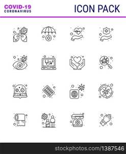Coronavirus Precaution Tips icon for healthcare guidelines presentation 16 Line icon pack such as view, eye, care, washing, protect hands viral coronavirus 2019-nov disease Vector Design Elements