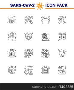 Coronavirus Precaution Tips icon for healthcare guidelines presentation 16 Line icon pack such as disease, search, hand washing, scan, find viral coronavirus 2019-nov disease Vector Design Elements
