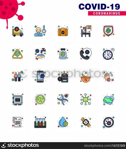 Coronavirus Precaution Tips icon for healthcare guidelines presentation 25 Flat Color Filled Line icon pack such as bacteria, room, temprature, medical, bed viral coronavirus 2019-nov disease Vector Design Elements