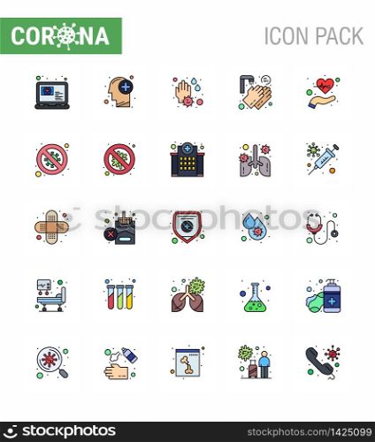Coronavirus Precaution Tips icon for healthcare guidelines presentation 25 Flat Color Filled Line icon pack such as care, twenty seconds, hand, washing, hands viral coronavirus 2019-nov disease Vector Design Elements