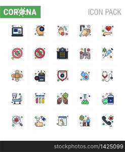 Coronavirus Precaution Tips icon for healthcare guidelines presentation 25 Flat Color Filled Line icon pack such as care, twenty seconds, hand, washing, hands viral coronavirus 2019-nov disease Vector Design Elements