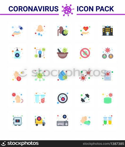 Coronavirus Precaution Tips icon for healthcare guidelines presentation 25 Flat Color icon pack such as life, care, health, beat, lungs viral coronavirus 2019-nov disease Vector Design Elements