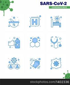 Coronavirus Precaution Tips icon for healthcare guidelines presentation 9 Blue icon pack such as science, experiment, hospital bed, chemistry, medication viral coronavirus 2019-nov disease Vector Design Elements