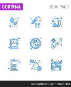 Coronavirus Precaution Tips icon for healthcare guidelines presentation 9 Blue icon pack such as medical record, hospital chart, medicine, health, laboratory viral coronavirus 2019-nov disease Vector Design Elements