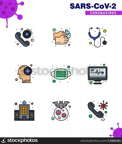 Coronavirus Precaution Tips icon for healthcare guidelines presentation 9 Filled Line Flat Color icon pack such as mask, human, water, medical, brain viral coronavirus 2019-nov disease Vector Design Elements