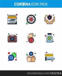 Coronavirus Precaution Tips icon for healthcare guidelines presentation 9 Filled Line Flat Color icon pack such as covid, bacteria, medical, case, kit viral coronavirus 2019-nov disease Vector Design Elements