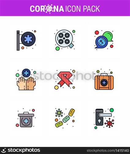 Coronavirus Precaution Tips icon for healthcare guidelines presentation 9 Filled Line Flat Color icon pack such as cancer, washing, bubble, medical, hands viral coronavirus 2019-nov disease Vector Design Elements
