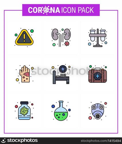 Coronavirus Precaution Tips icon for healthcare guidelines presentation 9 Filled Line Flat Color icon pack such as hygiene, germ, test, dirty, tubes viral coronavirus 2019-nov disease Vector Design Elements
