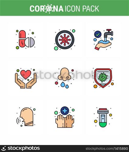 Coronavirus Precaution Tips icon for healthcare guidelines presentation 9 Filled Line Flat Color icon pack such as cold, health care, protect, heart, care viral coronavirus 2019-nov disease Vector Design Elements