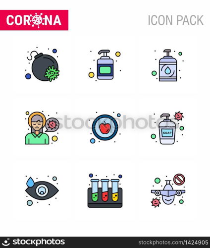 Coronavirus Precaution Tips icon for healthcare guidelines presentation 9 Filled Line Flat Color icon pack such as healthy, apple, hand, virus infection, pain viral coronavirus 2019-nov disease Vector Design Elements