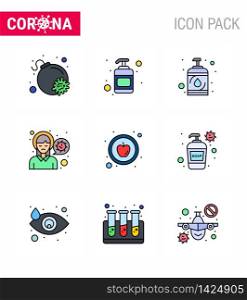 Coronavirus Precaution Tips icon for healthcare guidelines presentation 9 Filled Line Flat Color icon pack such as healthy, apple, hand, virus infection, pain viral coronavirus 2019-nov disease Vector Design Elements