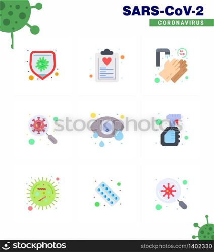 Coronavirus Precaution Tips icon for healthcare guidelines presentation 9 Flat Color icon pack such as magnifying, glass, plan, devirus, twenty seconds viral coronavirus 2019-nov disease Vector Design Elements