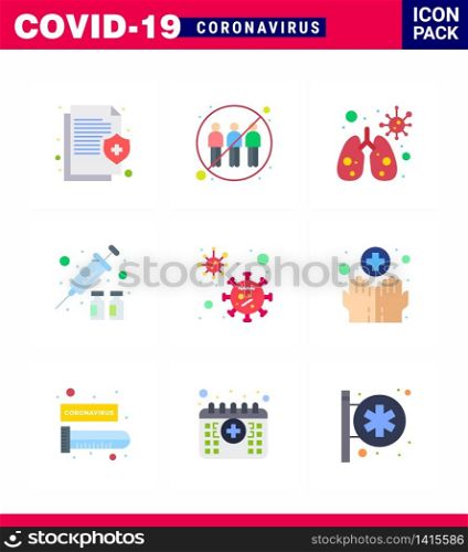 Coronavirus Precaution Tips icon for healthcare guidelines presentation 9 Flat Color icon pack such as virus, virus vaccine, infection, protection, virus viral coronavirus 2019-nov disease Vector Design Elements