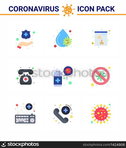 Coronavirus Precaution Tips icon for healthcare guidelines presentation 9 Flat Color icon pack such as protection, spray, skull, cleaning, telephone viral coronavirus 2019-nov disease Vector Design Elements