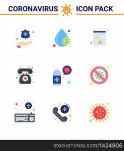 Coronavirus Precaution Tips icon for healthcare guidelines presentation 9 Flat Color icon pack such as protection, spray, skull, cleaning, telephone viral coronavirus 2019-nov disease Vector Design Elements