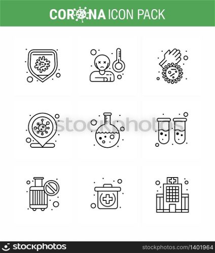 Coronavirus Precaution Tips icon for healthcare guidelines presentation 9 Line icon pack such as flask, infection place, bacteria, covid, location viral coronavirus 2019-nov disease Vector Design Elements