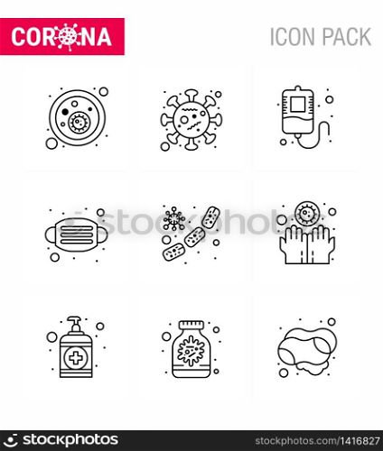 Coronavirus Precaution Tips icon for healthcare guidelines presentation 9 Line icon pack such as microbe, bacterium, blood, safety, mask viral coronavirus 2019-nov disease Vector Design Elements