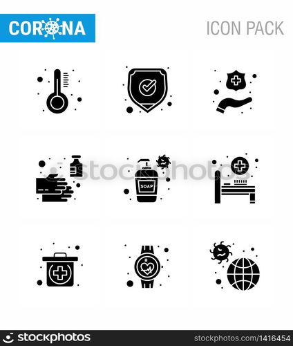 Coronavirus Precaution Tips icon for healthcare guidelines presentation 9 Solid Glyph Black icon pack such as cream, sanitizer, protect hands, wash, hand viral coronavirus 2019-nov disease Vector Design Elements