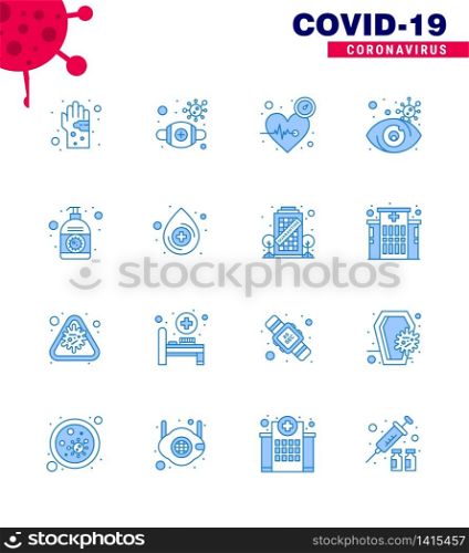 Coronavirus Prevention Set Icons. 16 Blue icon such as search, care, protective, time, heart viral coronavirus 2019-nov disease Vector Design Elements