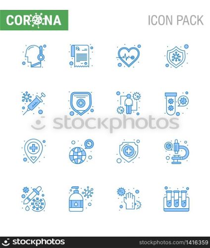 Coronavirus Prevention Set Icons. 16 Blue icon such as vaccine, flu, heart, desease, protection viral coronavirus 2019-nov disease Vector Design Elements