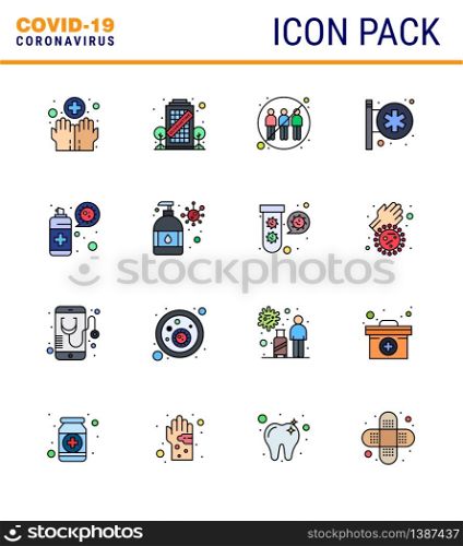 Coronavirus Prevention Set Icons. 16 Flat Color Filled Line icon such as cleaning, medical center, communication, hospital signboard, transfer viral coronavirus 2019-nov disease Vector Design Elements
