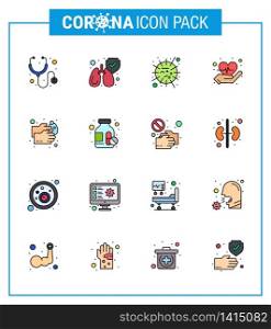 Coronavirus Prevention Set Icons. 16 Flat Color Filled Line icon such as washing, healthcare, mers, hand wash, heart viral coronavirus 2019-nov disease Vector Design Elements