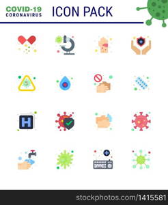 Coronavirus Prevention Set Icons. 16 Flat Color icon such as alert, protect, bacterial, medical, hygiene viral coronavirus 2019-nov disease Vector Design Elements