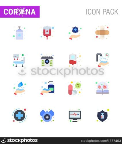Coronavirus Prevention Set Icons. 16 Flat Color icon such as calendar, medical treatment, hands, icu, injury viral coronavirus 2019-nov disease Vector Design Elements