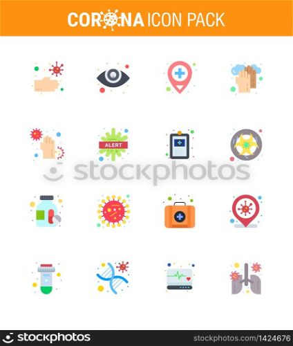 Coronavirus Prevention Set Icons. 16 Flat Color icon such as hands, dirty, location, covid, medical viral coronavirus 2019-nov disease Vector Design Elements