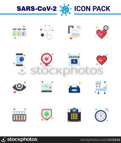 Coronavirus Prevention Set Icons. 16 Flat Color icon such as online, care, protect hands, time, heart viral coronavirus 2019-nov disease Vector Design Elements