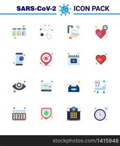 Coronavirus Prevention Set Icons. 16 Flat Color icon such as online, care, protect hands, time, heart viral coronavirus 2019-nov disease Vector Design Elements
